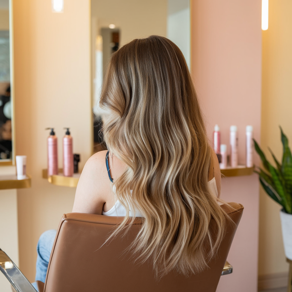 Woman with a fresh balayage blowout sitting in a salon chair