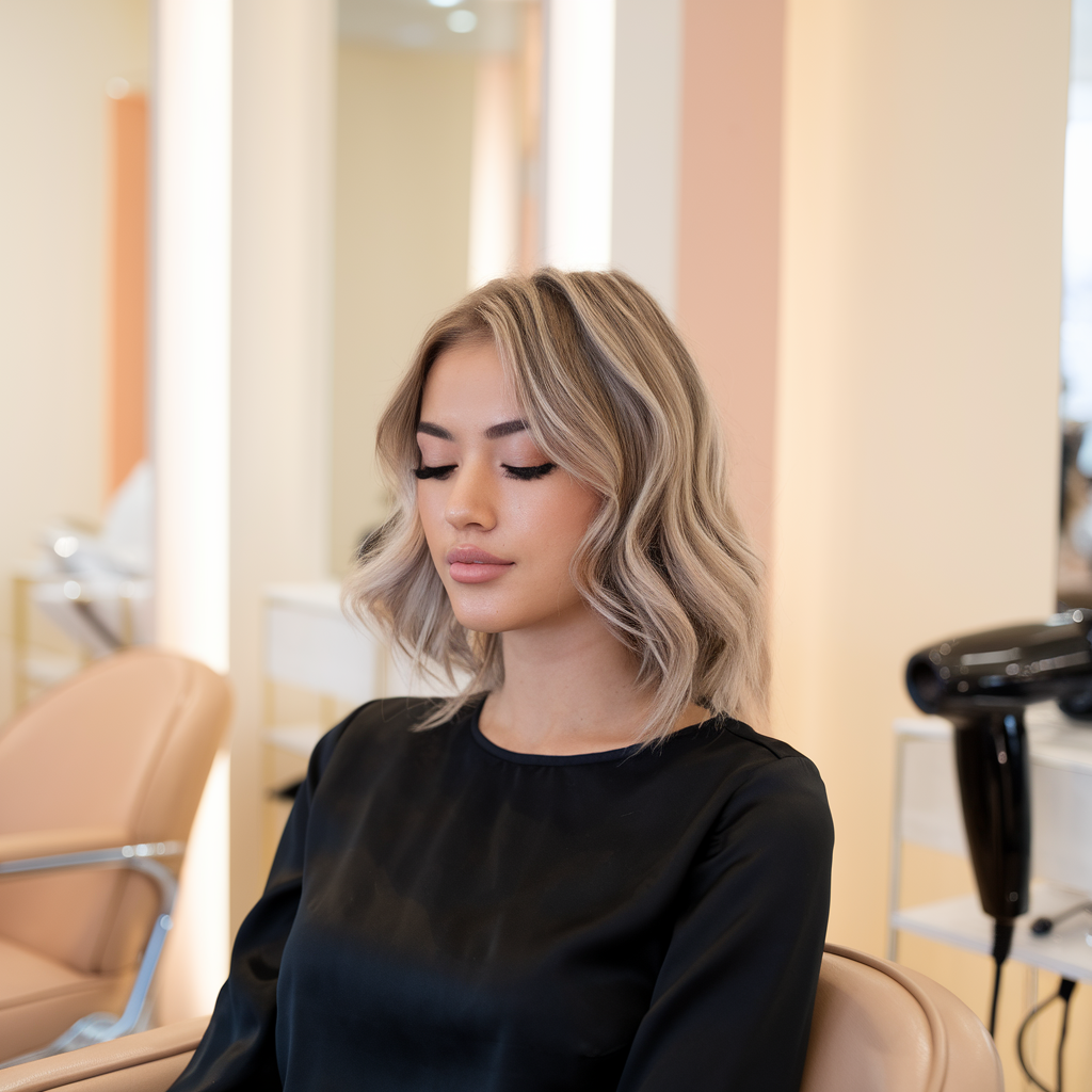 Woman with soft waves and highlights sitting in a salon chair