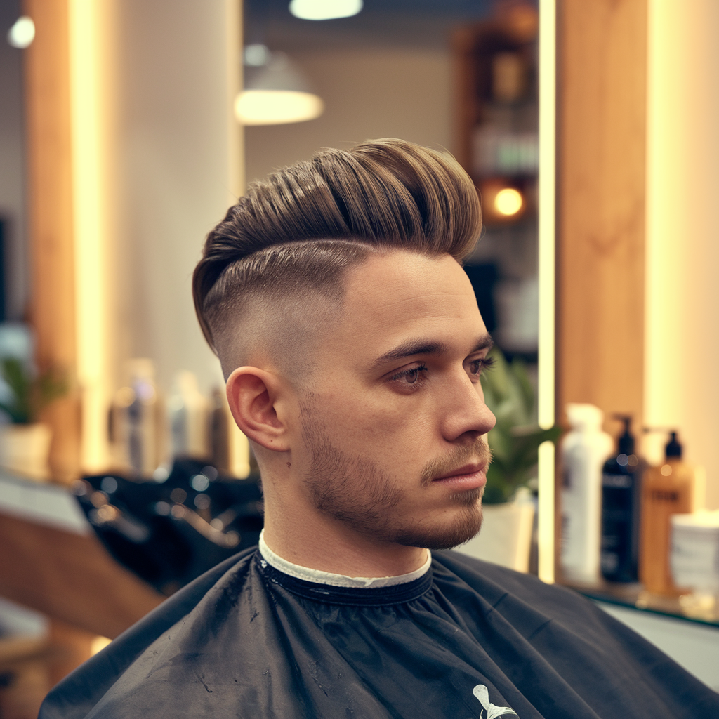 Man with a styled pompadour sitting in a salon chair