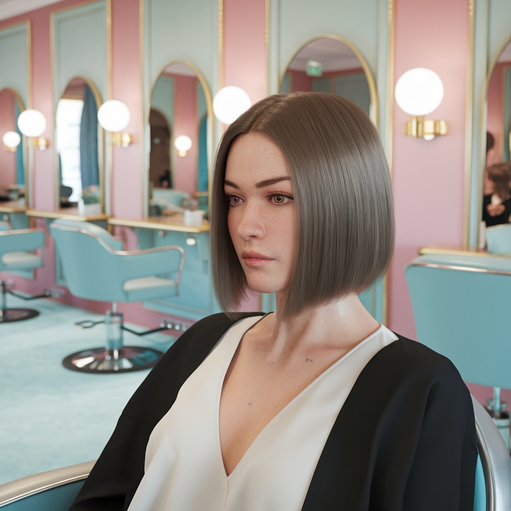 Woman with a sleek bob sitting in a salon chair