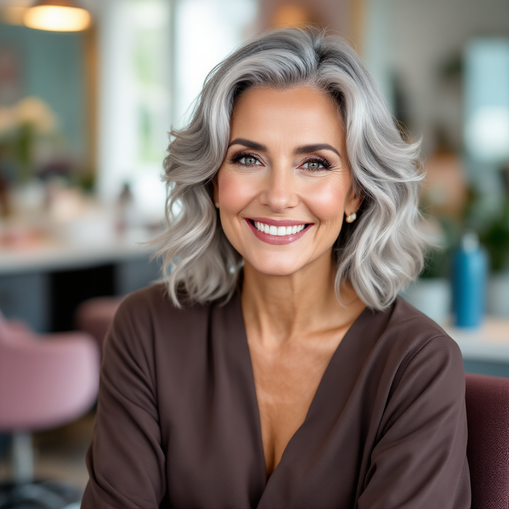 Older woman with styled silver hair sitting in a salon chair