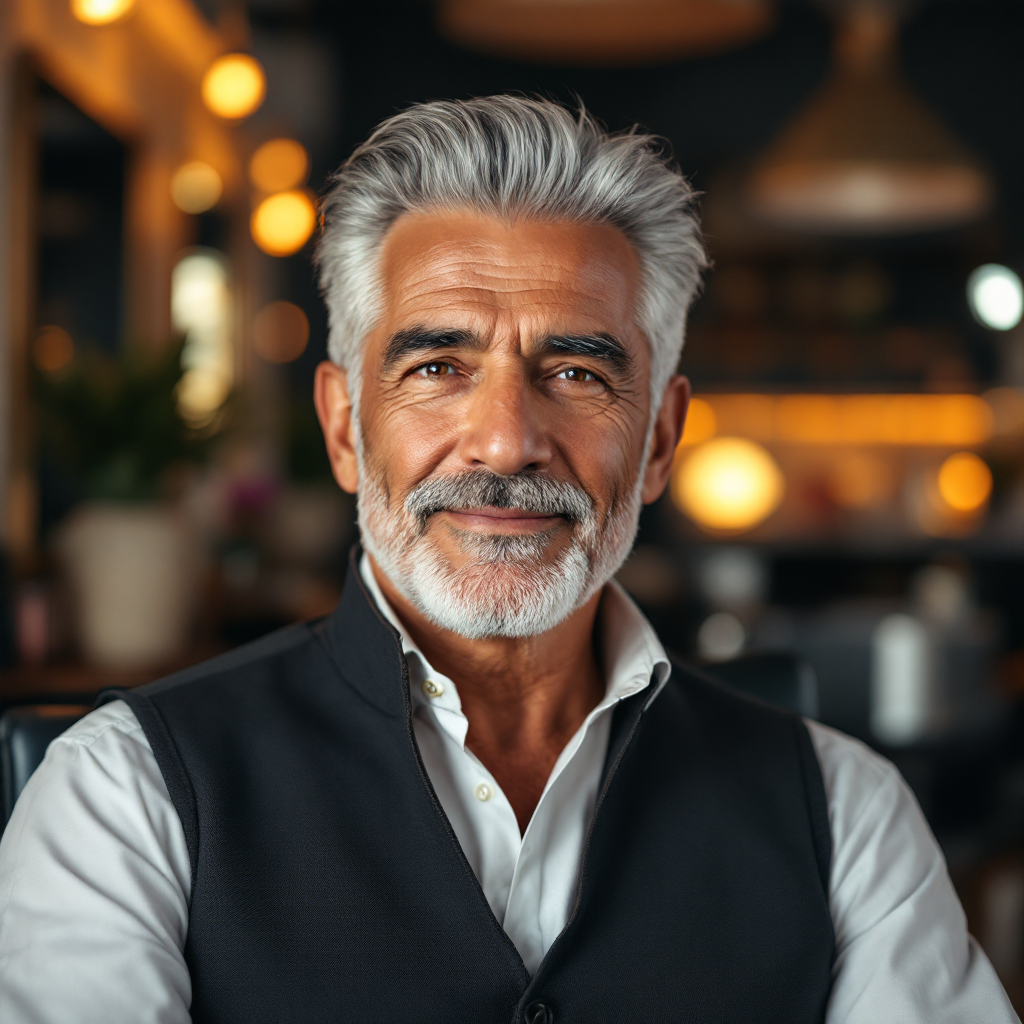 Older Hispanic man with styled grey hair sitting in a salon chair