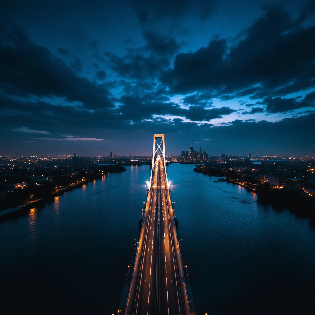 Bridge connecting two sides of a city at dusk, symbolizing reentry transition