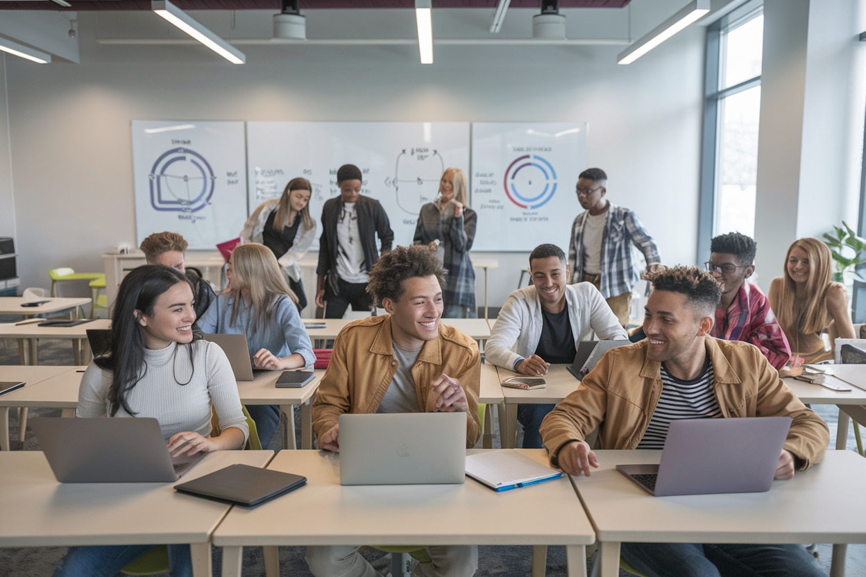 Students actively collaborating on a digital marketing project in a modern classroom setting