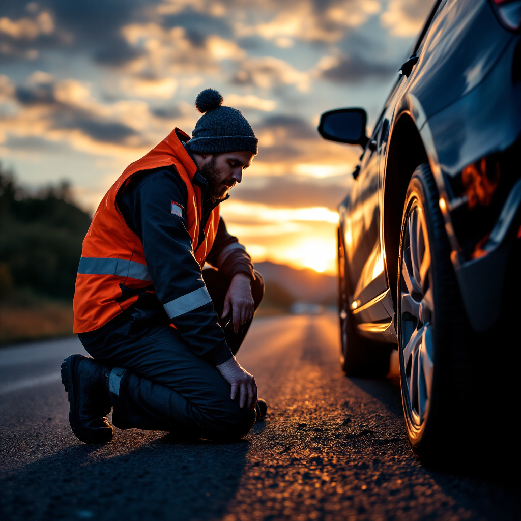 Technician fitting tyre at roadside