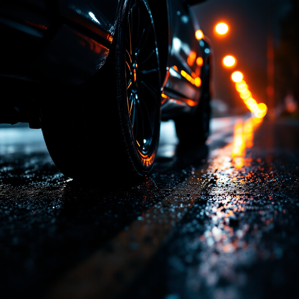 Tyre on road at night