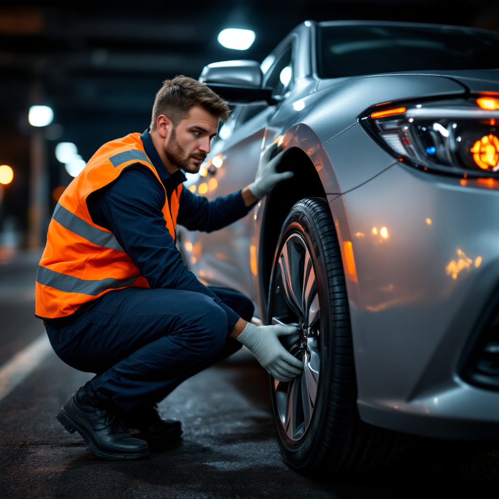 Mobile tyre technician fitting a tyre