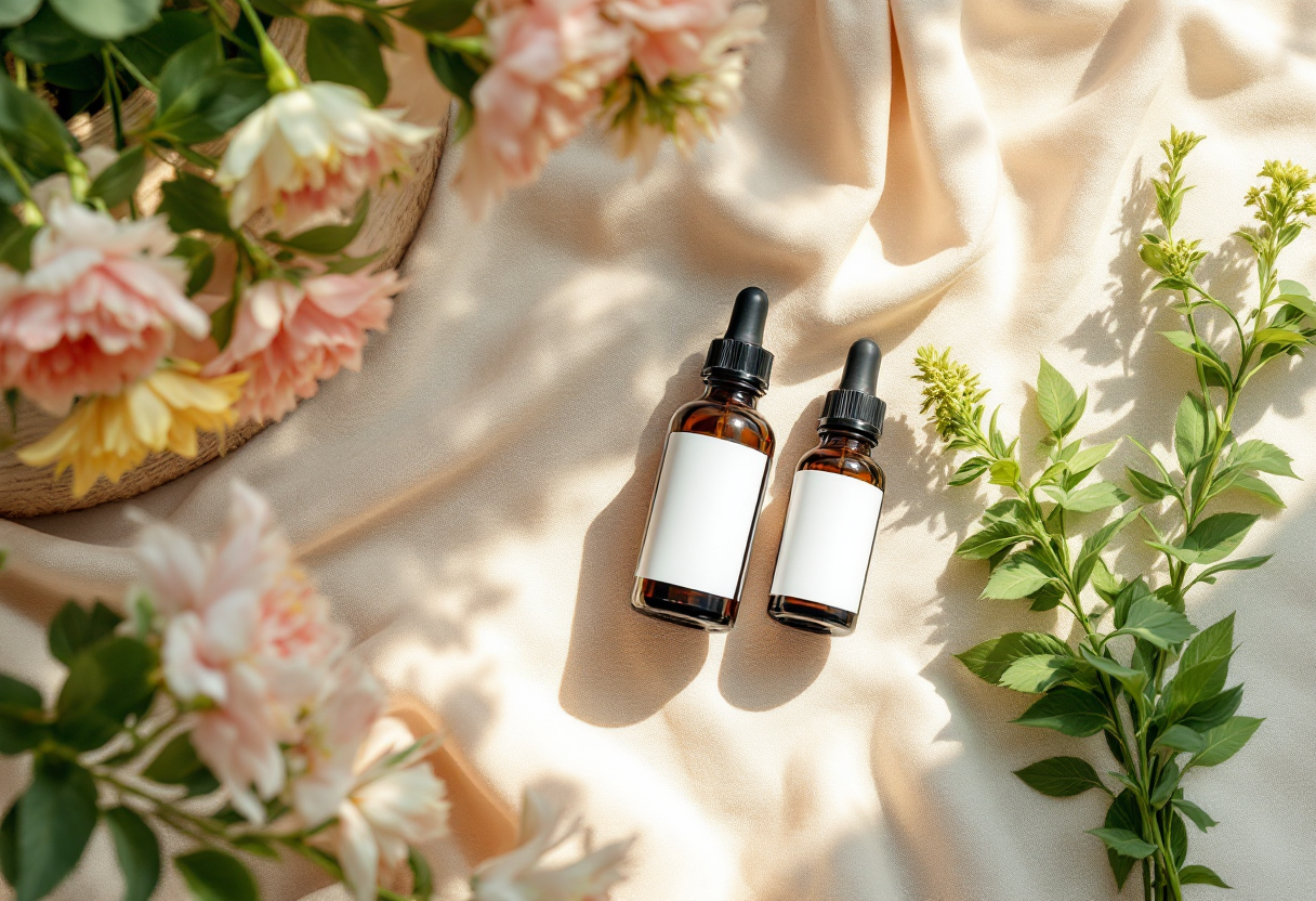 A curated arrangement of natural beauty ingredients including fresh botanicals, essential oils, and delicate flowers bathed in soft natural light