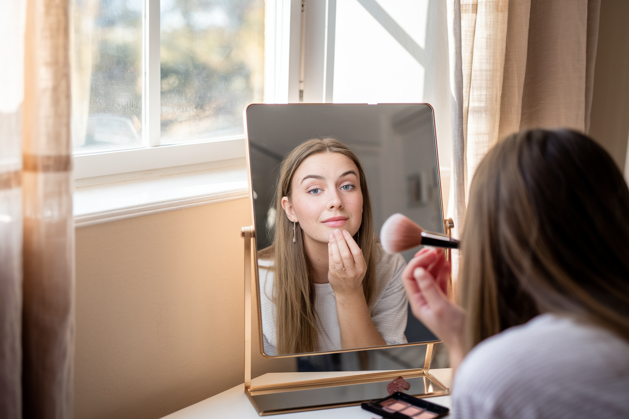 Young woman applying blush at a bright vanity with natural daylight