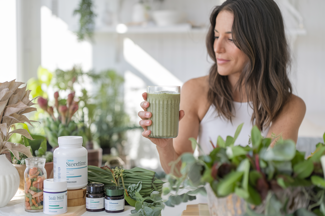 Woman enjoying a green smoothie in a bright, plant-filled wellness space