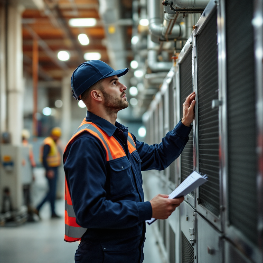 Facilities maintenance worker inspecting equipment in a commercial building mechanical room