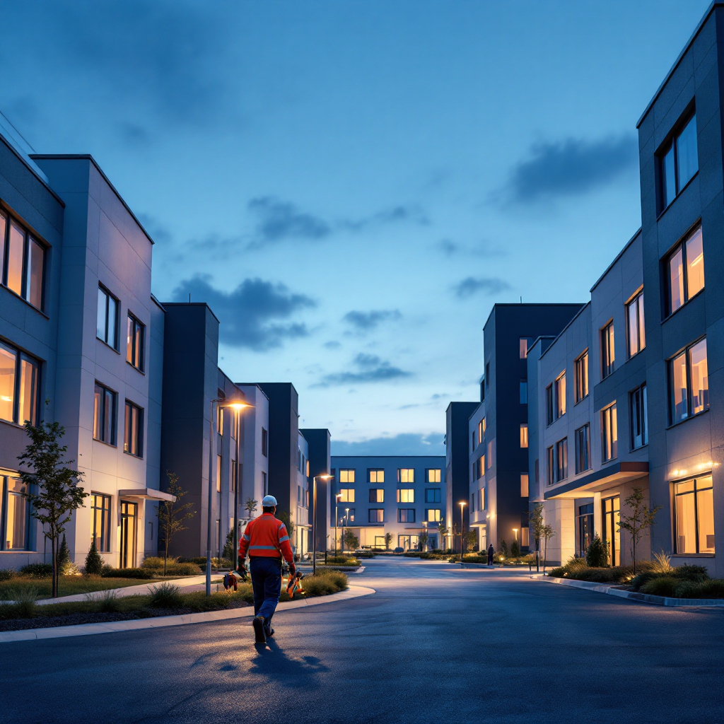 Maintenance worker walking between buildings on a commercial campus at dusk