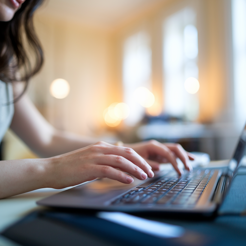 Hands typing on a laptop at a bright home desk