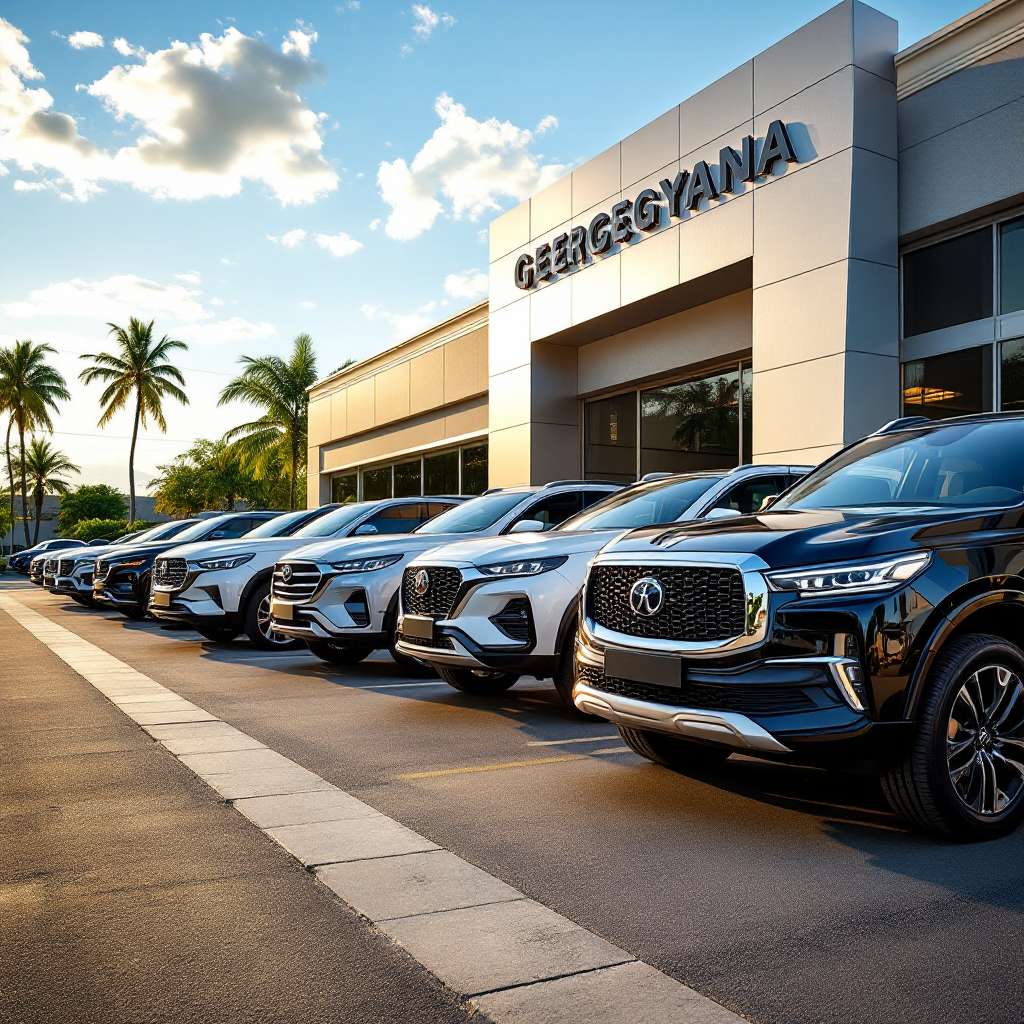 Executive Auto Group vehicle showroom with premium SUVs and pickups lined up in Georgetown, Guyana