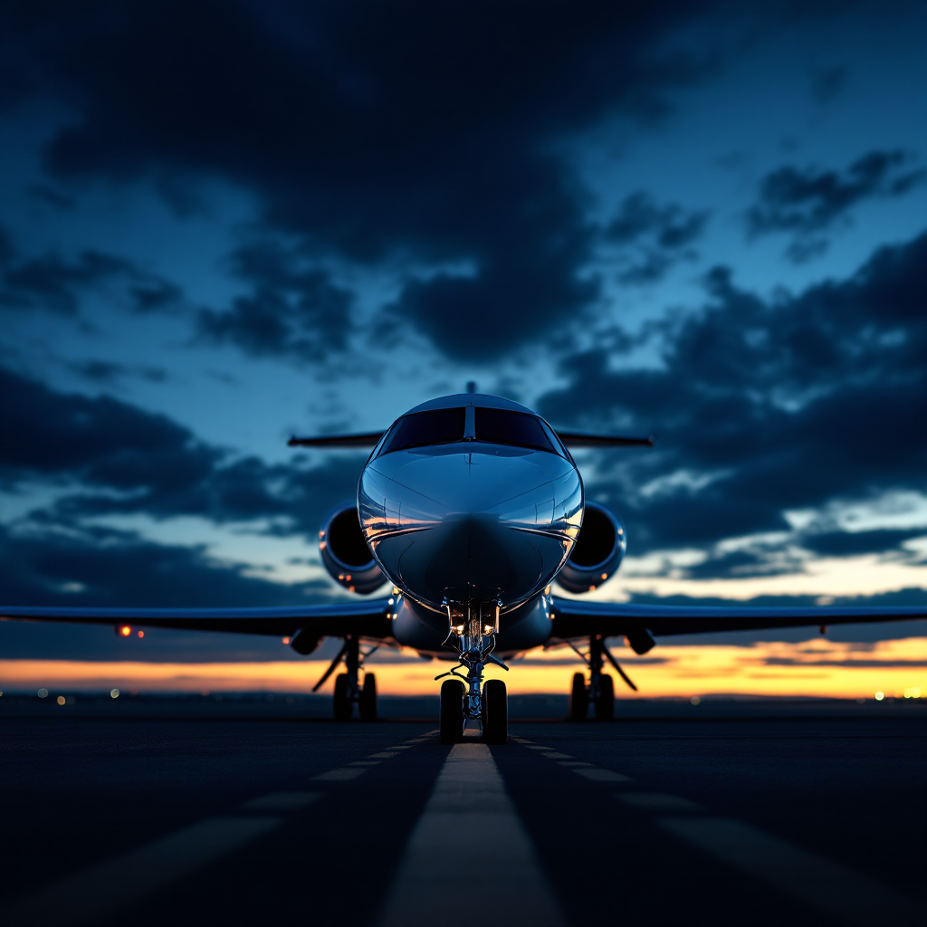 Private business jet parked on an airport apron at dusk