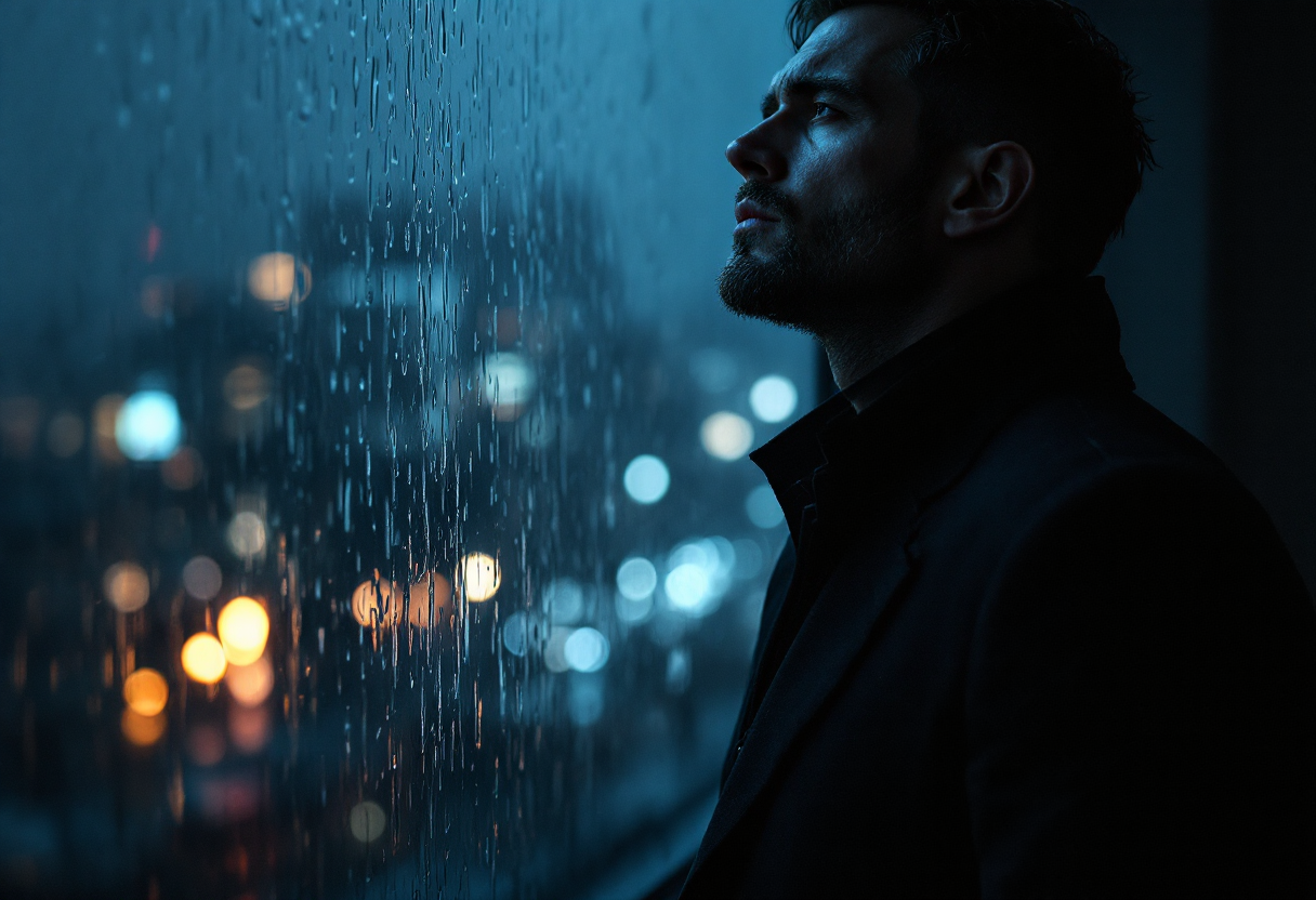 Homem determinado olhando pela janela à noite, refletindo sobre seus próximos passos