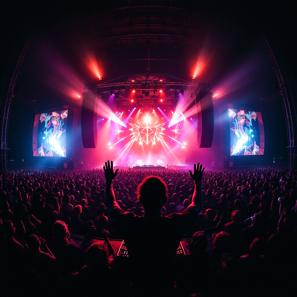 Techno festival crowd with dramatic stage lighting - Subform Management artist bookings across 40+ cities