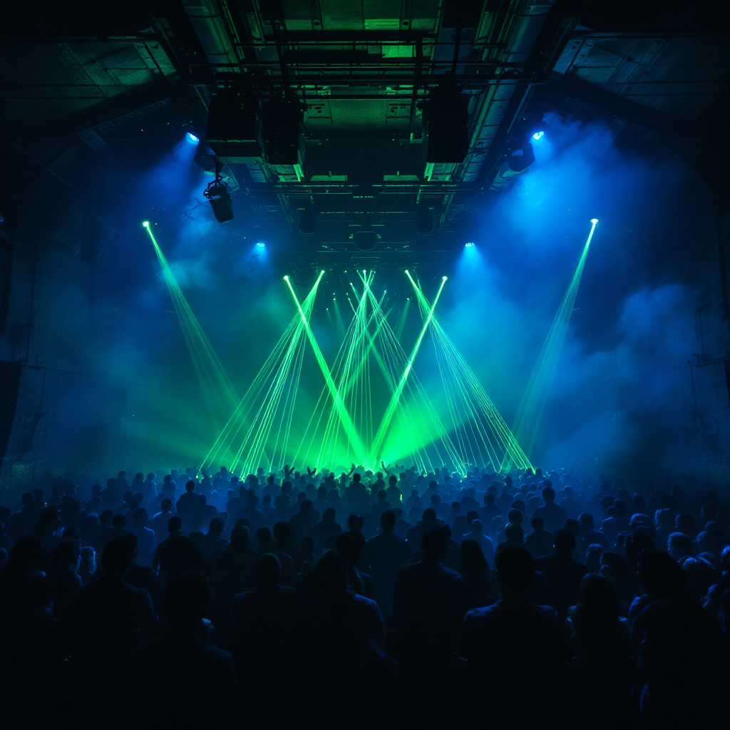 Underground techno club interior with laser beams and crowd silhouettes - Subform Management booking agency