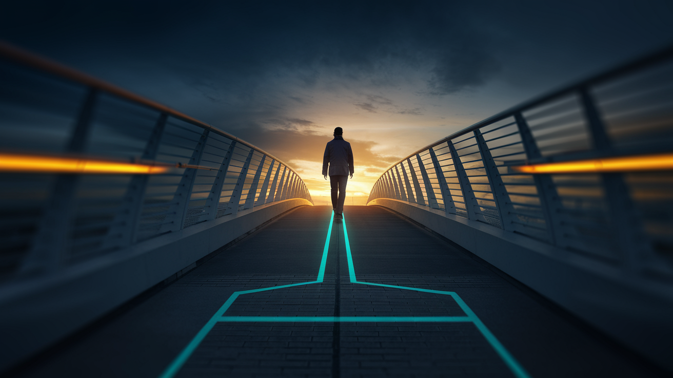 Person walking across a bridge toward warm light, with a glowing teal signal line showing connection and continuity