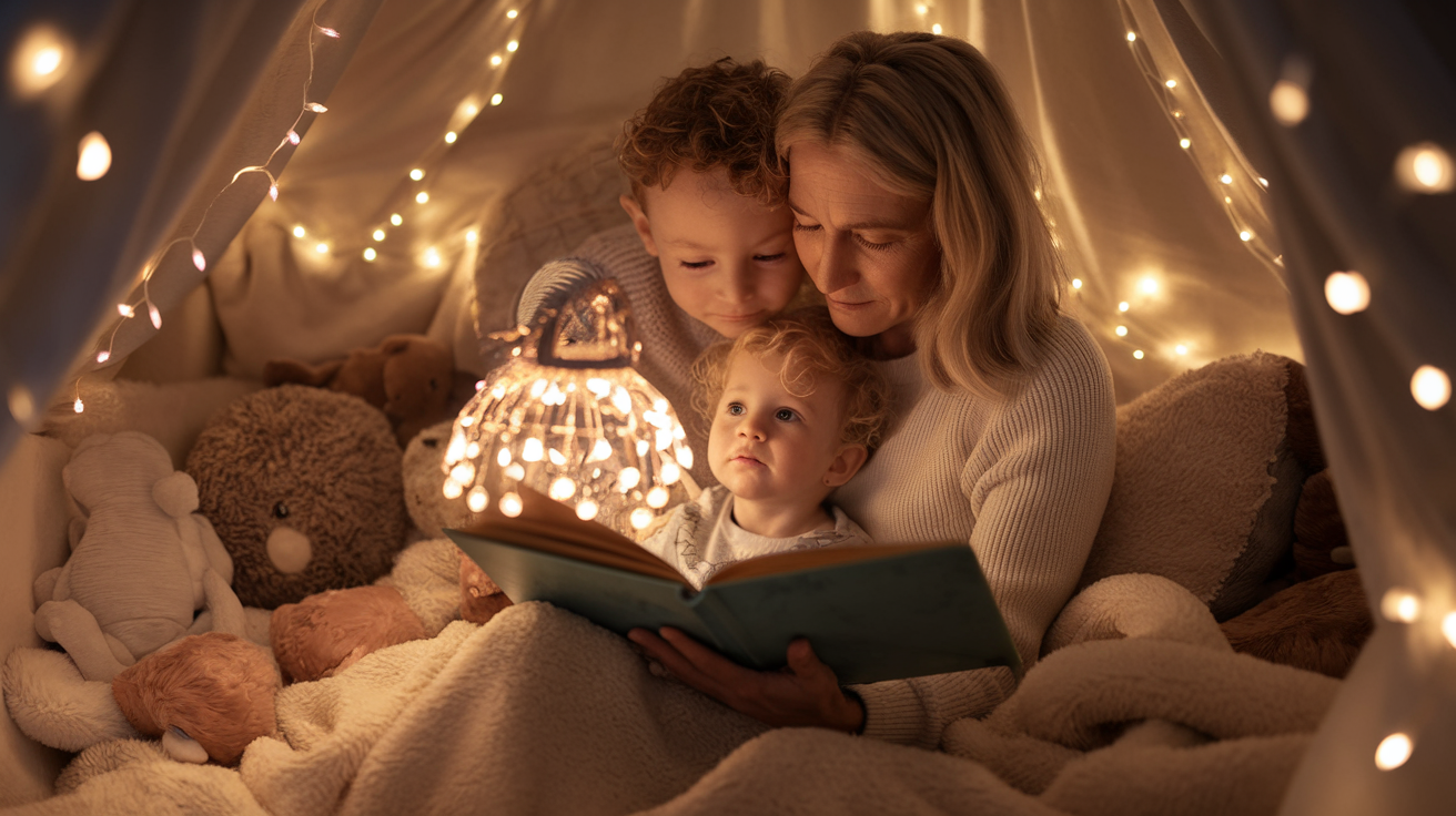 Parent and child reading together at bedtime