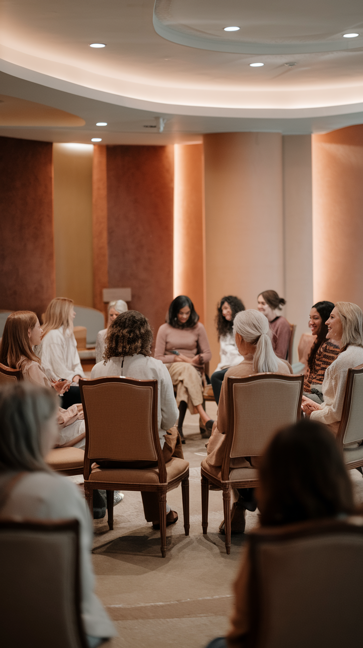 Mulheres em círculo num auditório no encontro presencial do SoberanaMente