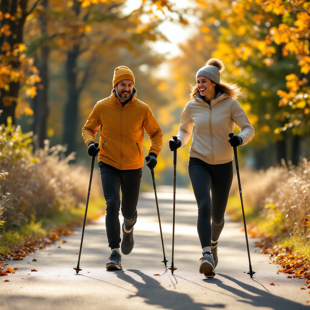 Nordic pole walking on a scenic trail