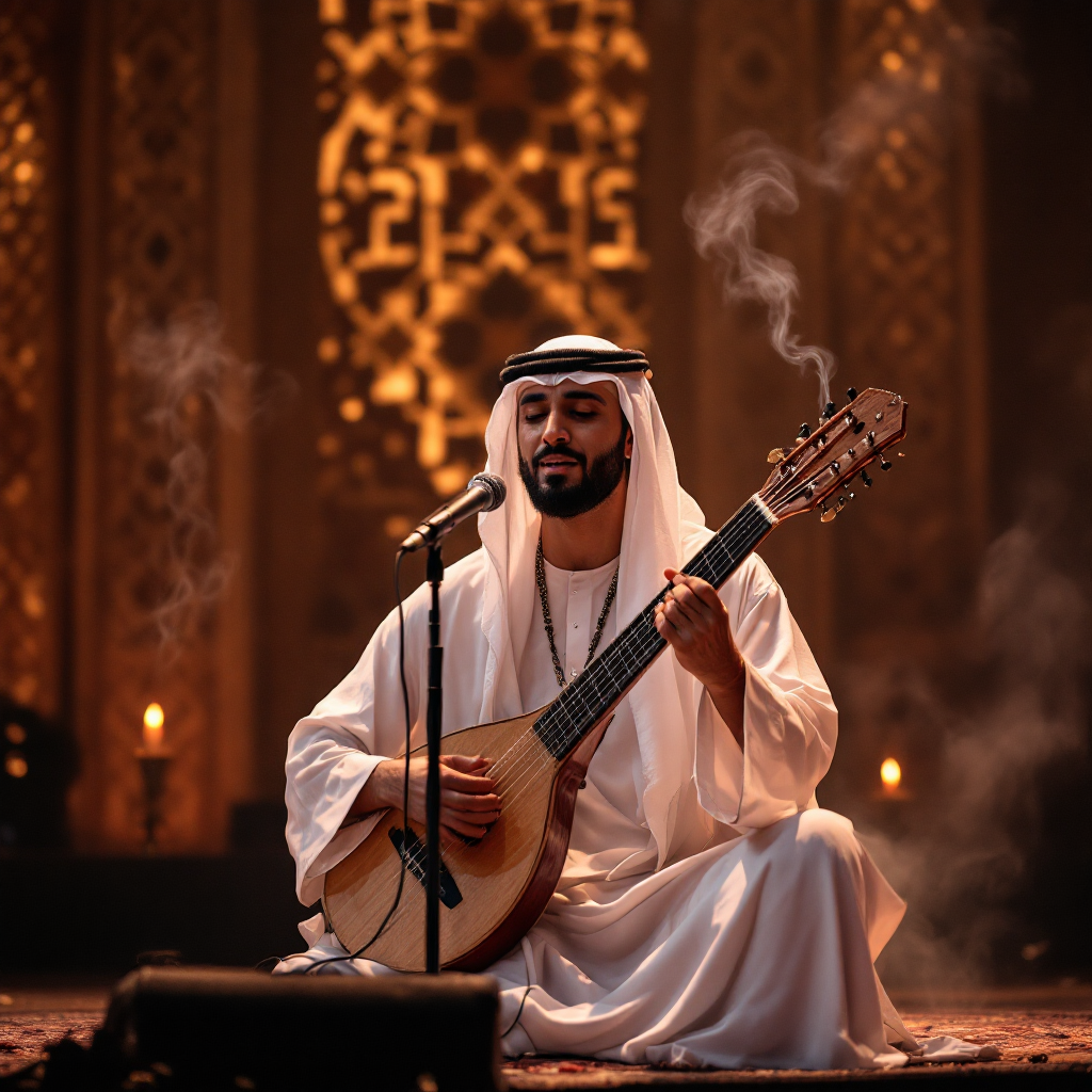 منشد يمني بالزي التقليدي يؤدي شيلة على المسرح مع عود وأجواء تراثية دافئة