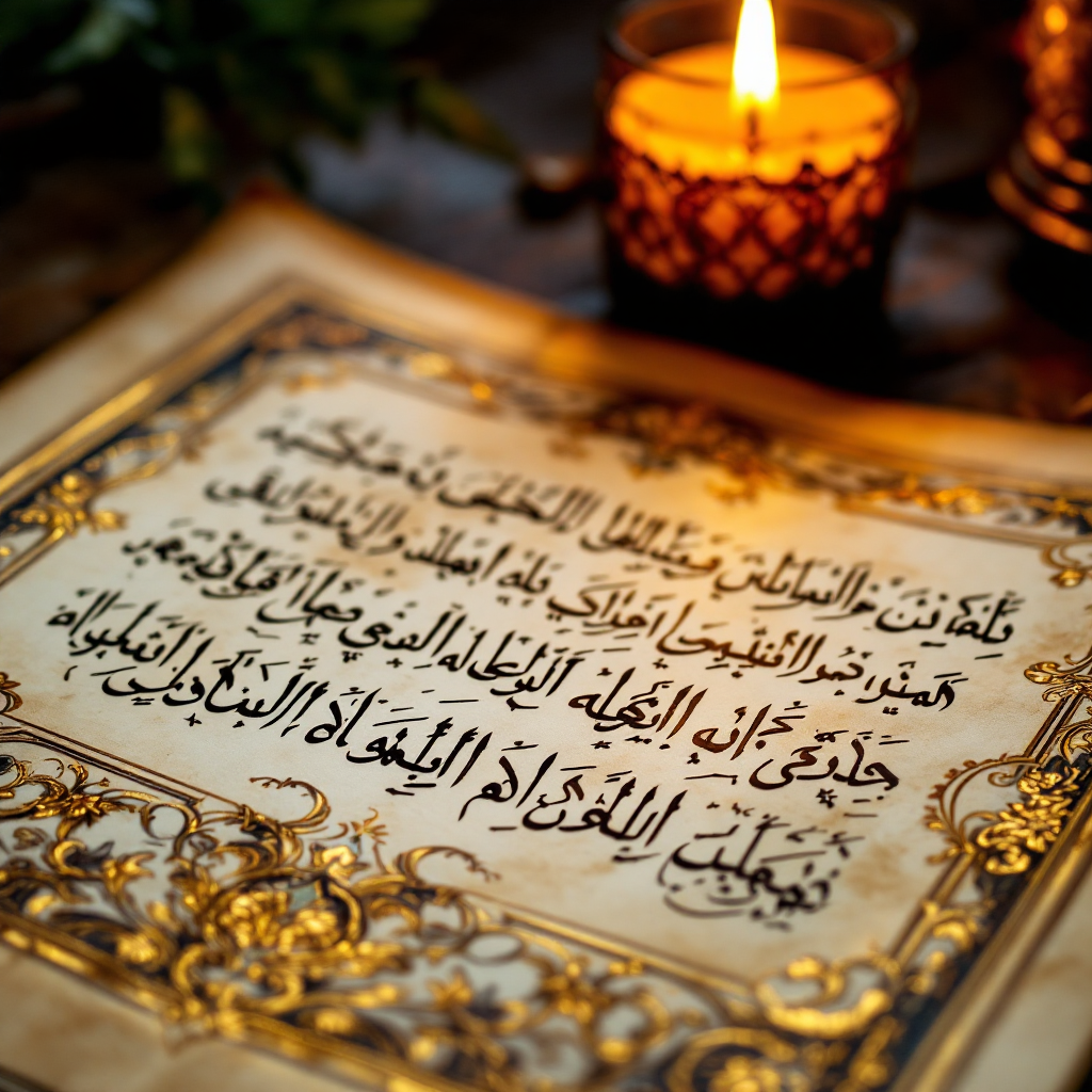 خط عربي أنيق لأبيات القصيدة على ورق مزخرف بنقوش إسلامية