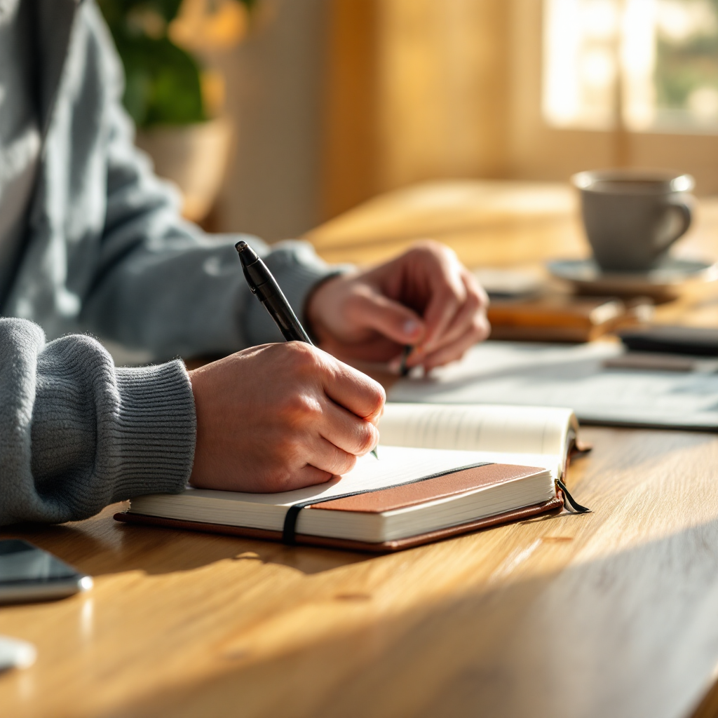 Taking notes at a desk