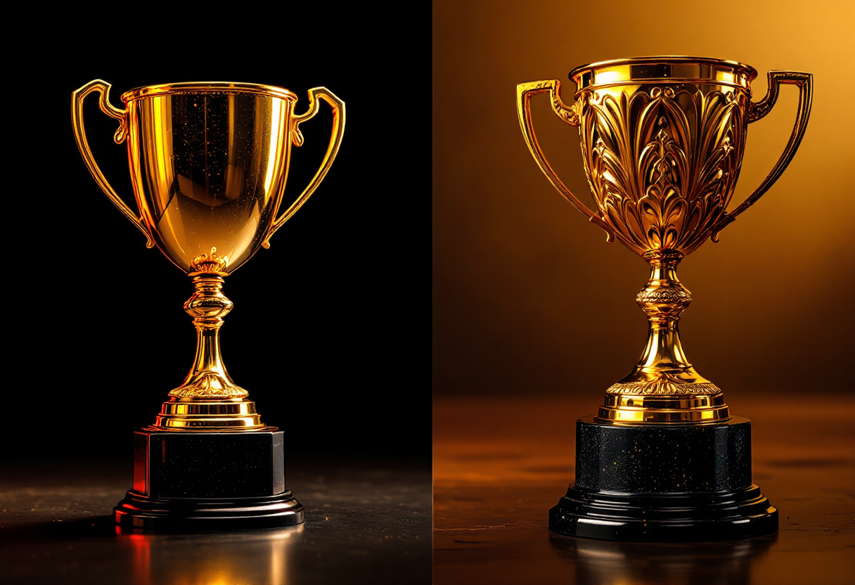 Comparação entre um troféu genérico de plástico dourado e um troféu personalizado impresso em 3D com design detalhado
