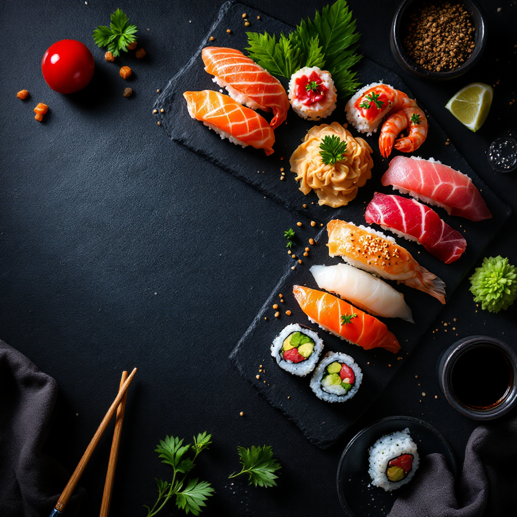 Sushi platter overhead view