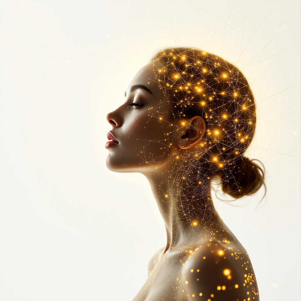 Visualización luminosa de la mente de una mujer con conexiones neuronales doradas — el sistema de transformación mente-cuerpo de RE·CORDIS