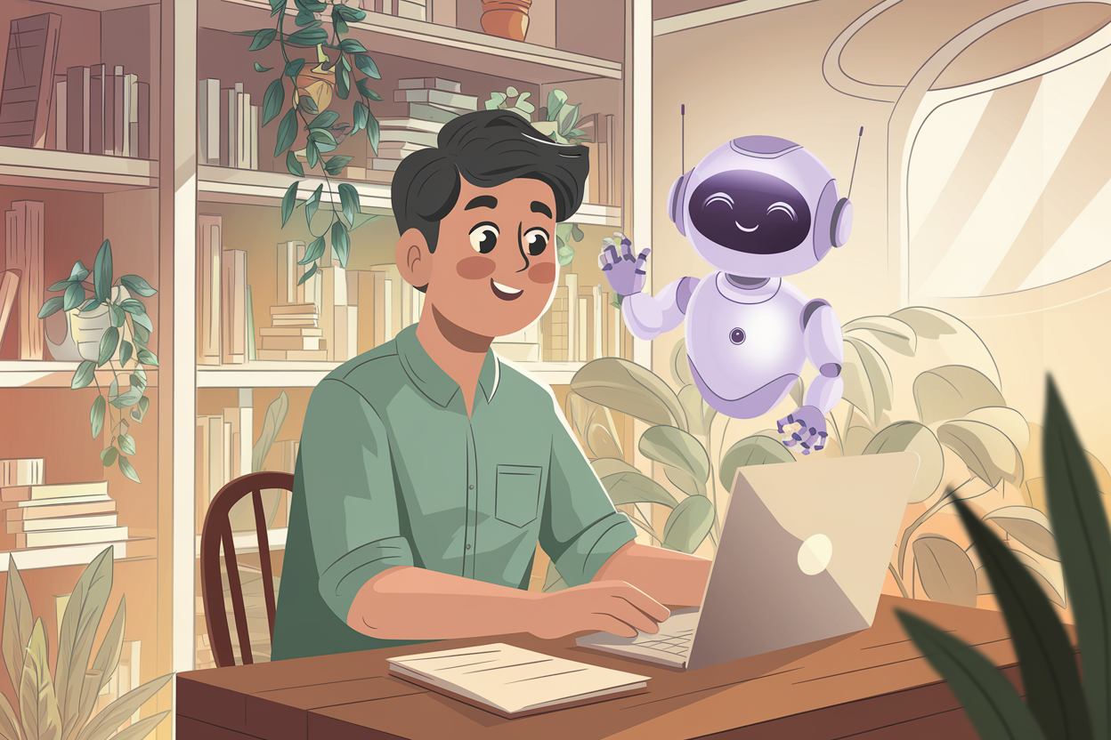Illustrated student studying with a friendly AI assistant companion