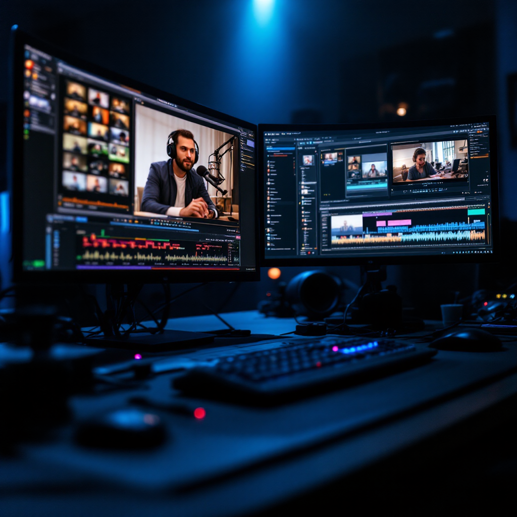 Professional content studio with editing setup
