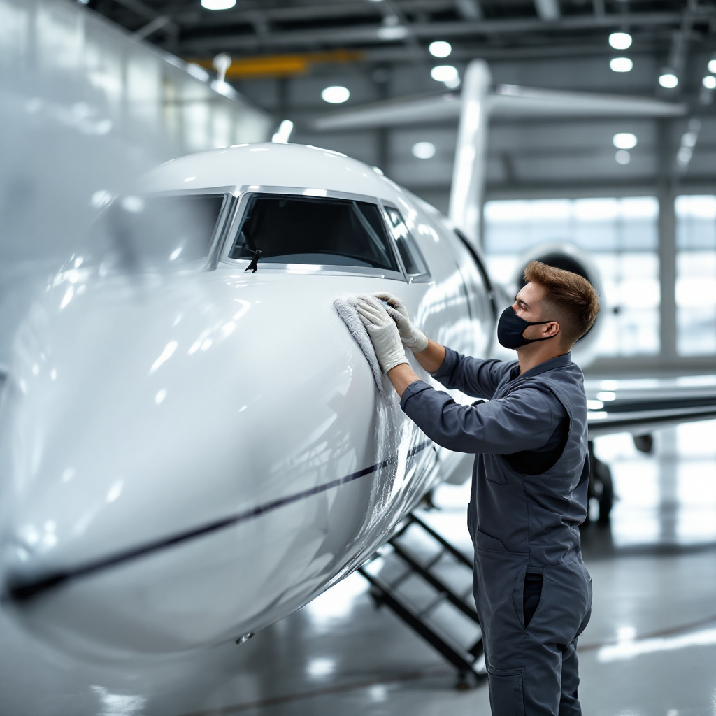 Professional aircraft detailing of a private jet exterior in a hangar