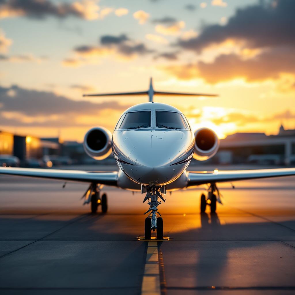 Private business jet on the apron at Prague airport during golden hour