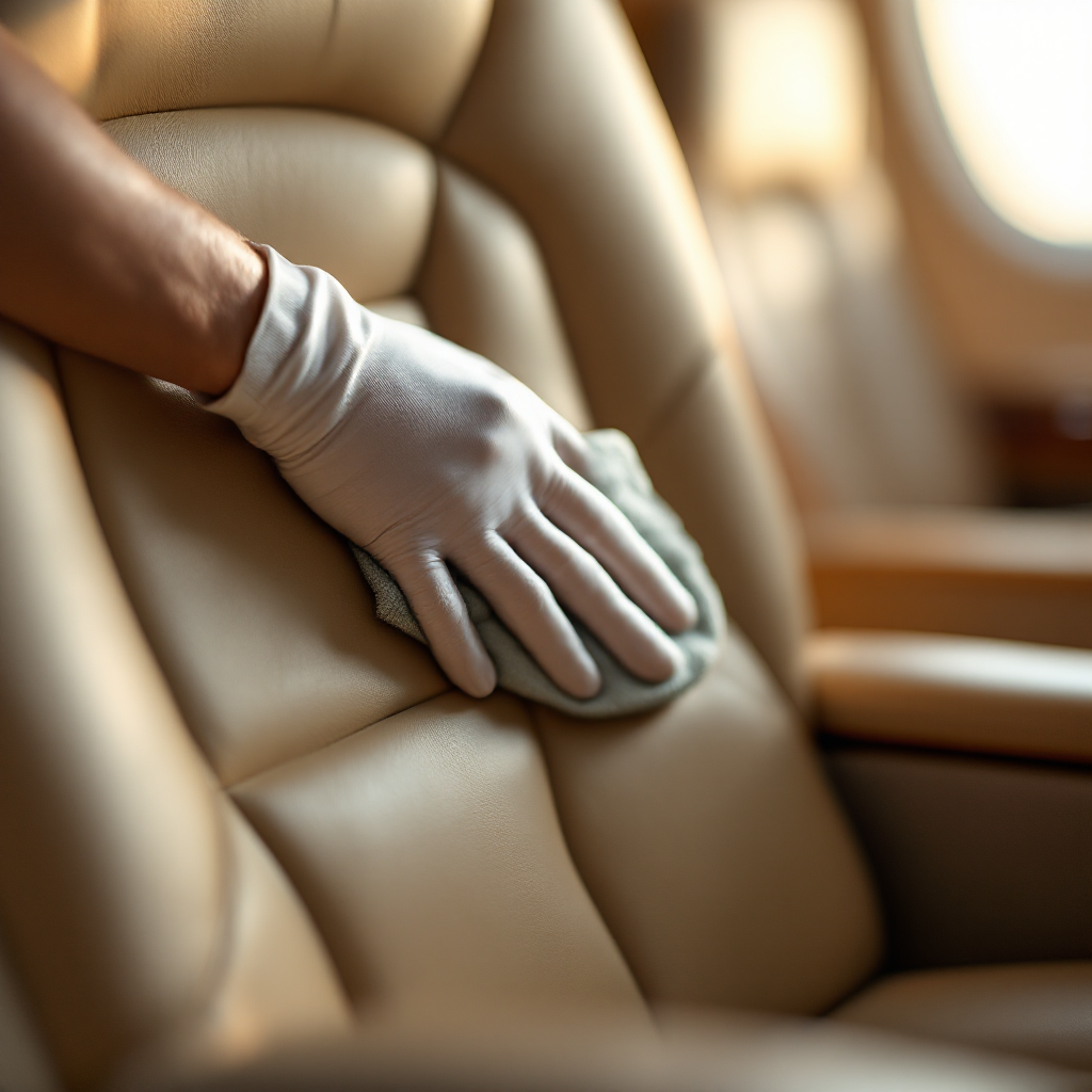 Careful leather cleaning inside a private jet cabin