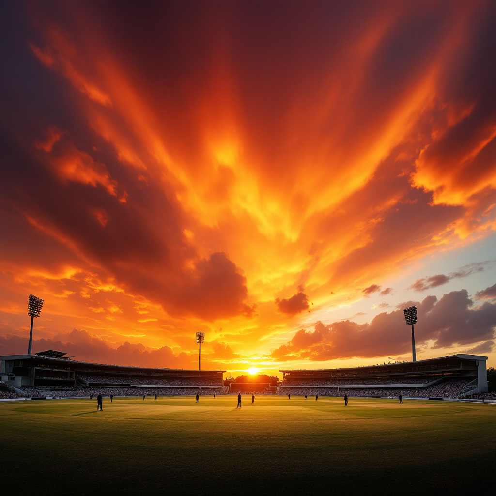 Cricket ground at sunset