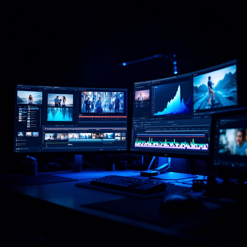 Video clipping agency workspace with multiple screens showing short-form clip editing