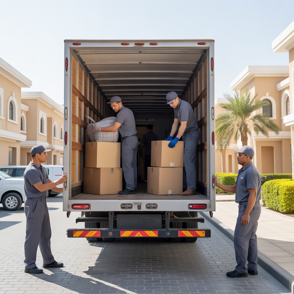 Professional movers in Bahrain carefully loading household items into a moving truck