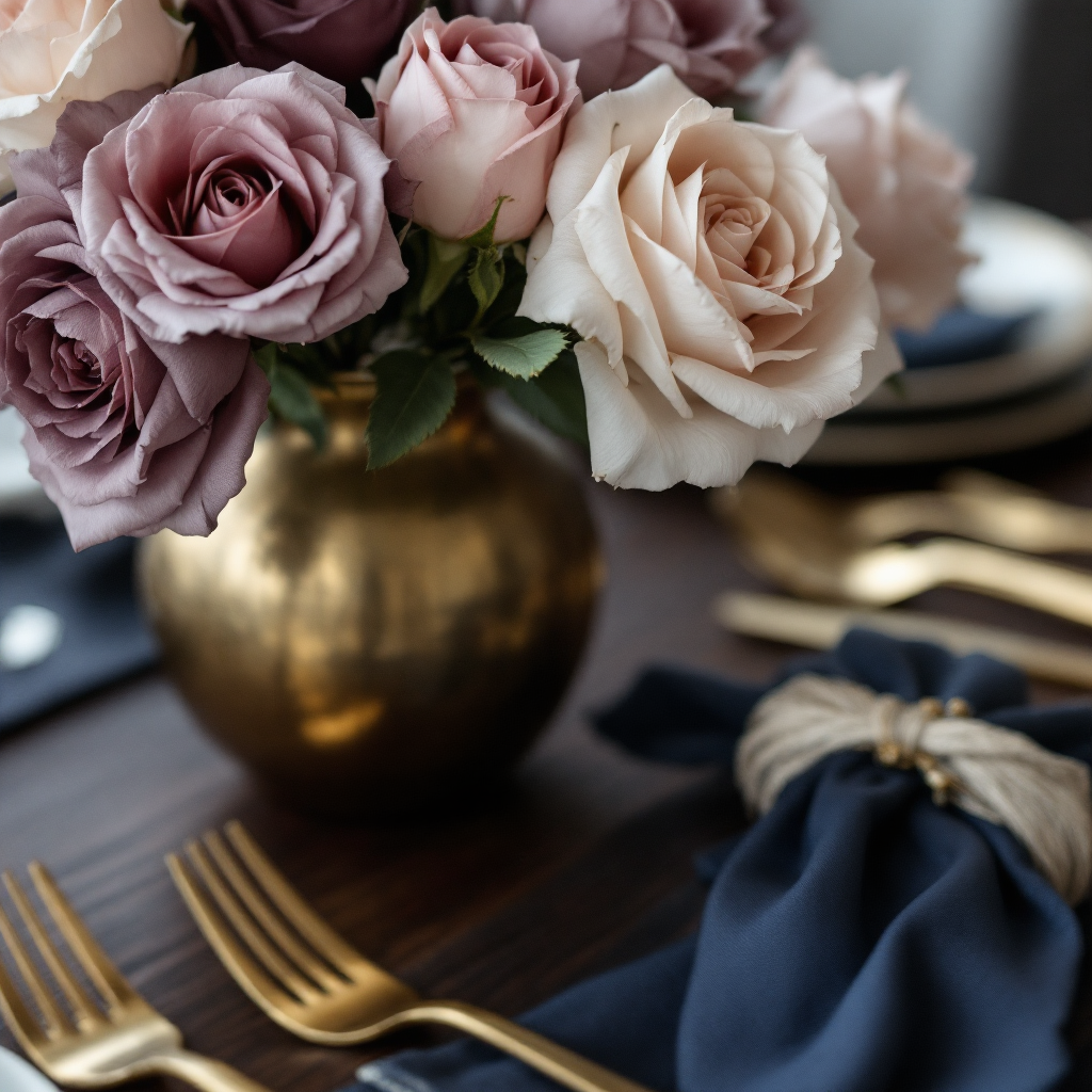 Gold vase detail with mauve roses