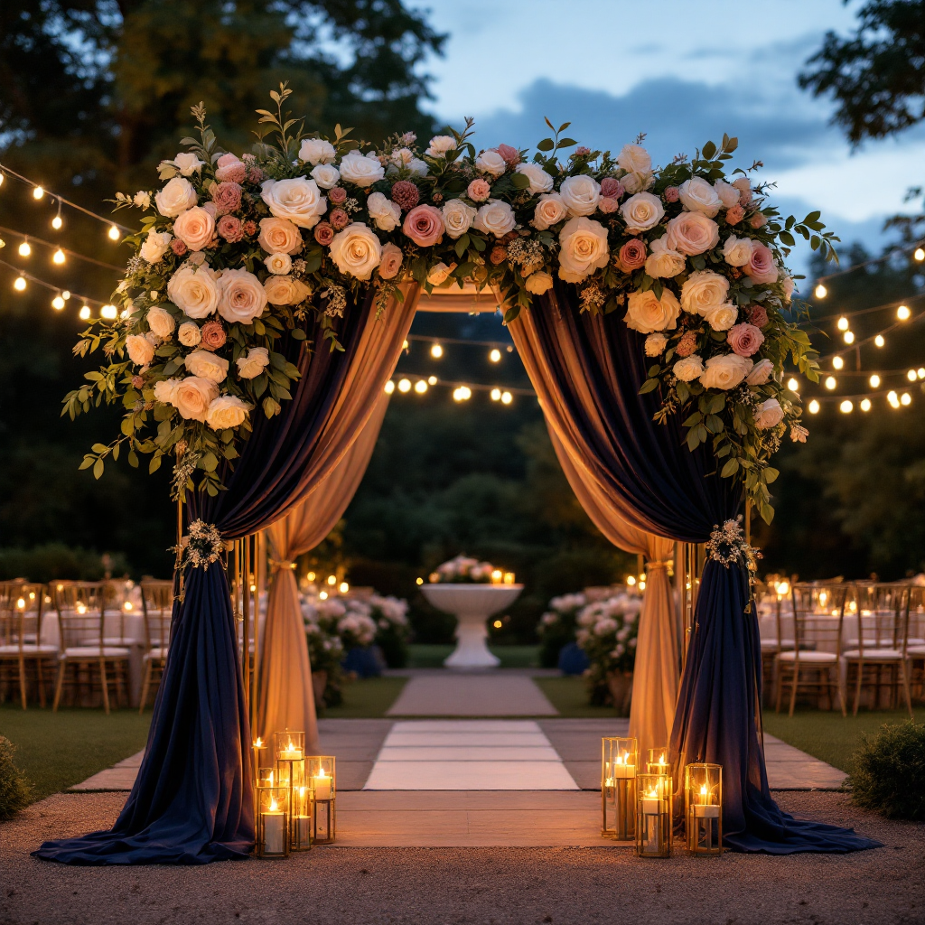 Evening ceremony arch with midnight florals