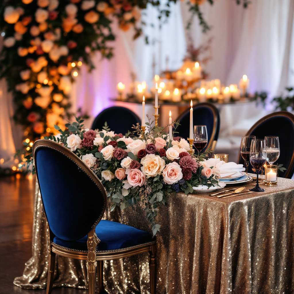 Sweetheart table with midnight summer florals