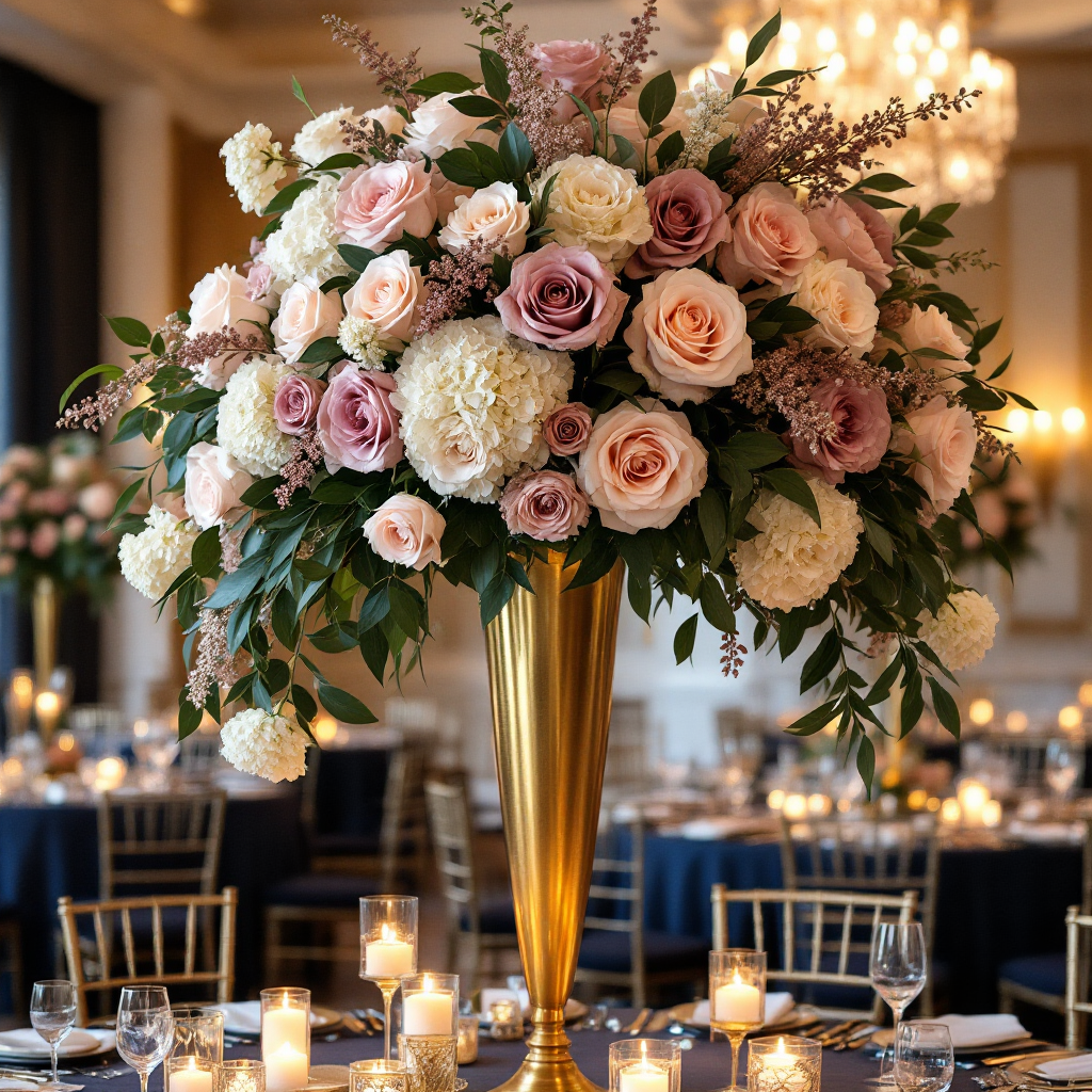 Tall gold centerpiece with cascading florals