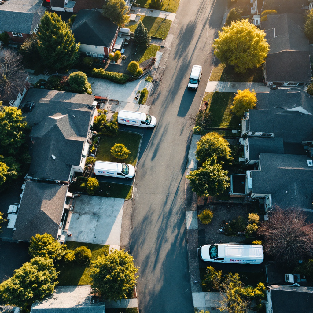 Aerial view of dispersed home service routes across a neighborhood