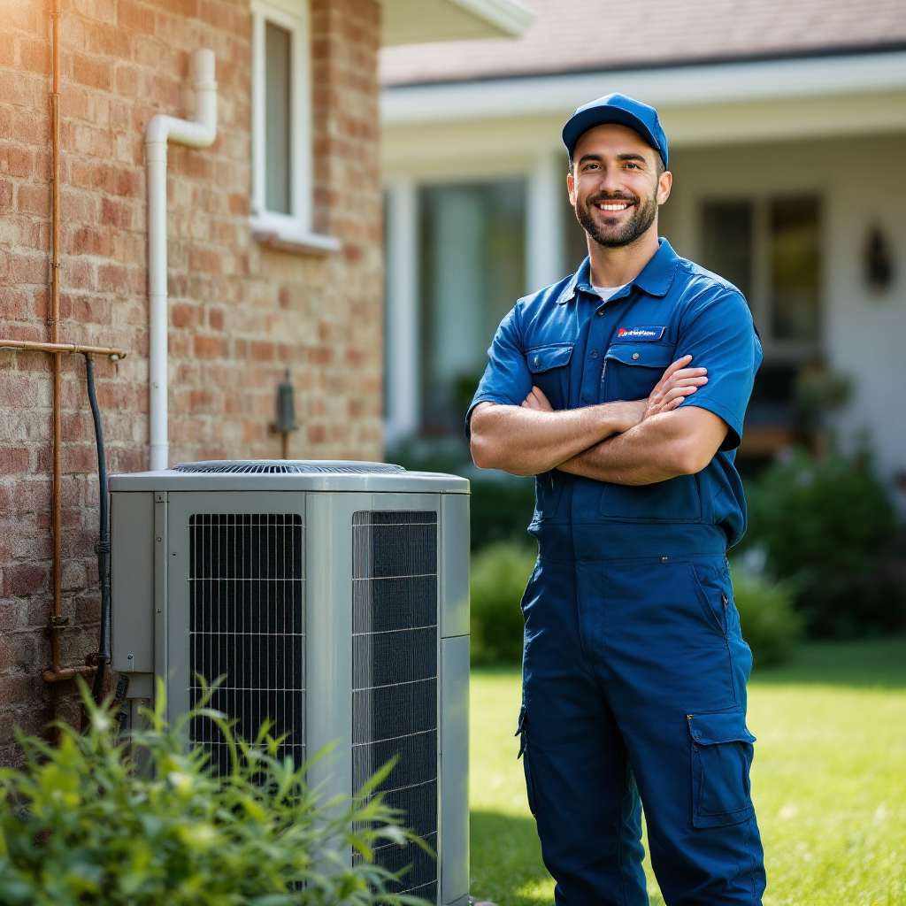Northline HVAC technician beside a residential AC unit