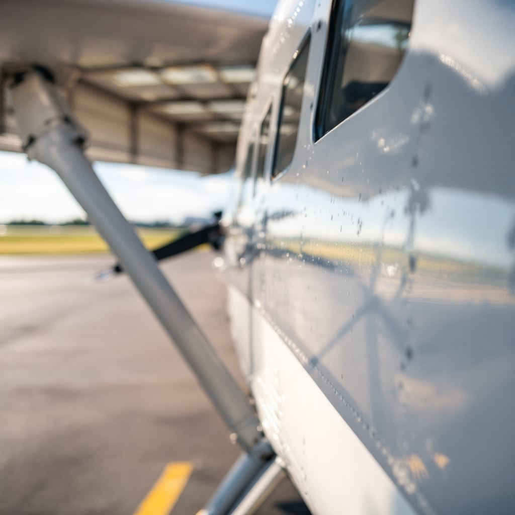 Clean training aircraft wing and fuselage on a sunny airfield