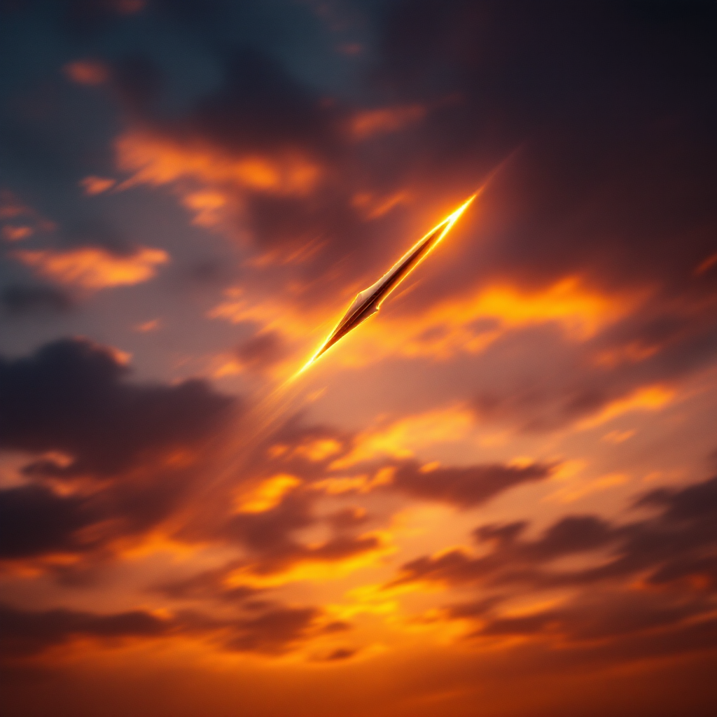 Javelin in flight at sunset