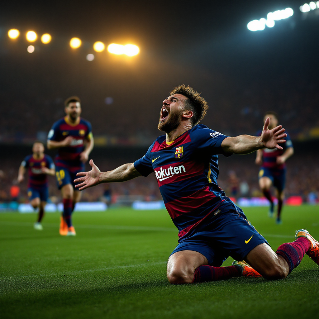 لاعب برشلونة يحتفل بتسجيل هدف