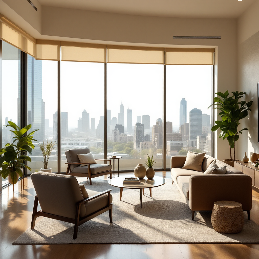 Living room with tinted windows filtering Houston sunlight